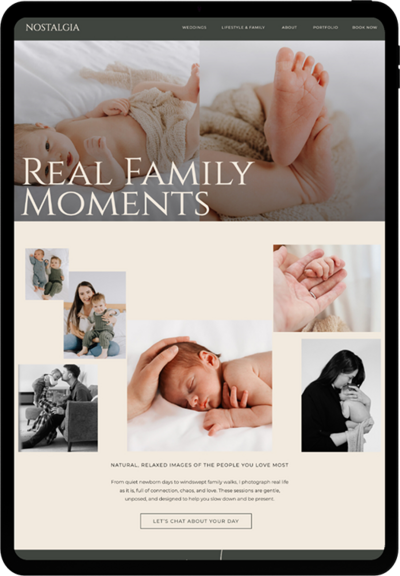 Ipad view of wedding and lifestyle photographer showit website design6