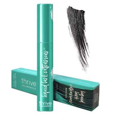 Thrive Causemetics Liquid Lash Extensions mascara in vibrant teal packaging, shown with its box and a swipe of black mascara. Known for its lengthening, tubing formula and bold lash effect.
