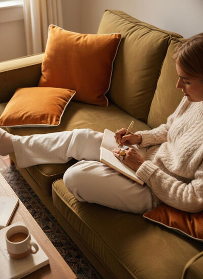 A person in a cream sweater and white pants sits on a green sofa, writing in a notebook with orange cushions beside them. A cup of coffee and an open book rest on a wooden table—an inviting scene for an eating disorder therapist Orange County.