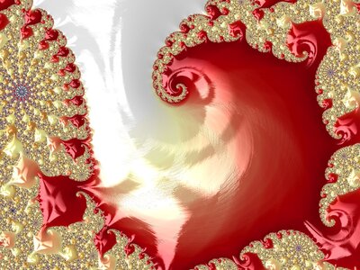 A sparkling spiral fractal in rich shades of red, gold and white.