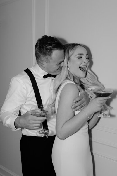 Trendy editorial style portrait of bride and groom at cocktail hour, featured on Bronte Bride, an online Canadian wedding publication and resource.
