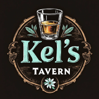 Sign for Kel's Tavern featuring a glass of whiskey, decorative leaves, and a flower