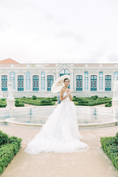Luxury Marchesa Bridal Wedding White Dress in Palácio de Queluz. Lisbon Portugal
