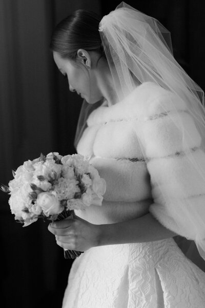 Luxury wedding in Europe – sophisticated bride in a modern wedding gown and groom in a timeless suit.