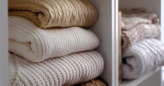 bedroom closet organization with sweaters neatly folded and stacked on top of each other on a shelf