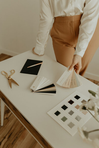 Color swatch examples on white desk