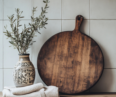Modern kitchen island with fresh leafy greens beside a brass faucet, symbolizing clean eating and foundational wellness habits.
