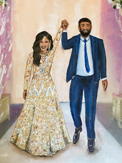 Live wedding painting's artistic depiction of a Pakistani Indian bride and groom entering their wedding reception, bride wearing a traditional gold beaded gown