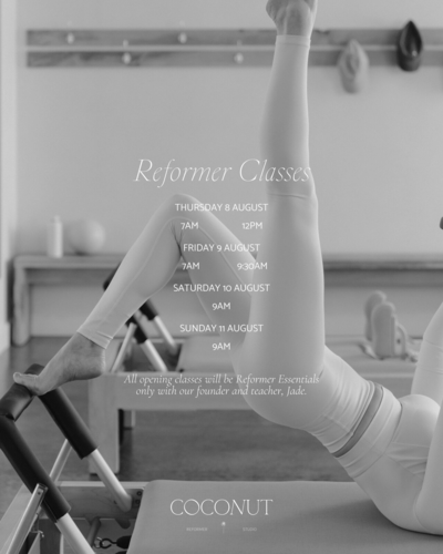 Black and white social media graphic for Coconut Wellness Studios, designed by Studio Petita. The image shows a woman in white activewear on a reformer Pilates machine, with overlaid text listing upcoming reformer class dates and times. The minimalist editorial design combines elegant serif typography with a calm, refined aesthetic.