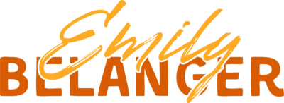 Emily in yellow script font and Belanger in bold orangefont