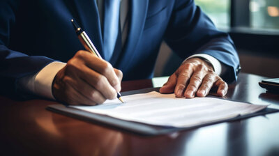 a man in a suit signing a legal document with a pen to represent business law