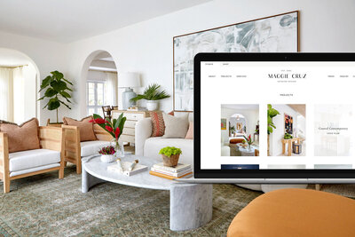 Laptop website design mockup with mid centurnry moden interior design image