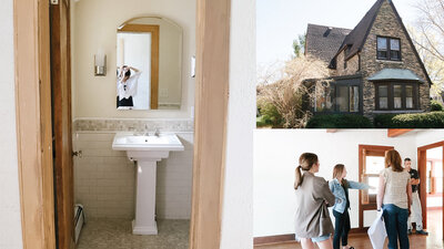 bathroom, tudor house, and people in empty room
