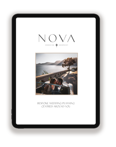 IPad showing NOVA Wedding Company cover; couple by a lake with text “Bespoke Luxury Italian Wedding Planning Centred Around You” for destination weddings.