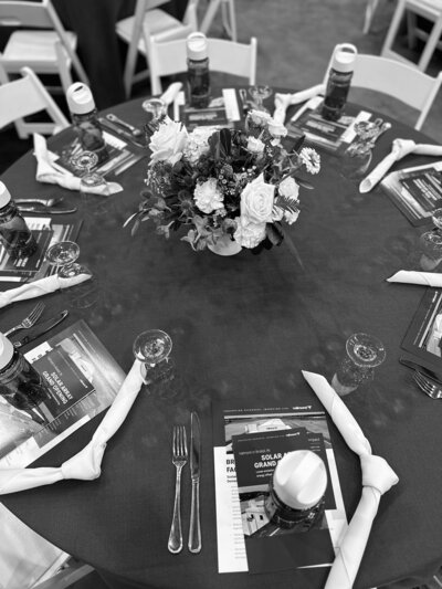 blue table decorated for an event