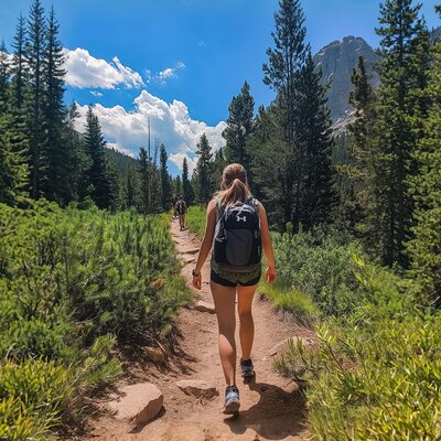 girl hiking down a trail through pine trees.