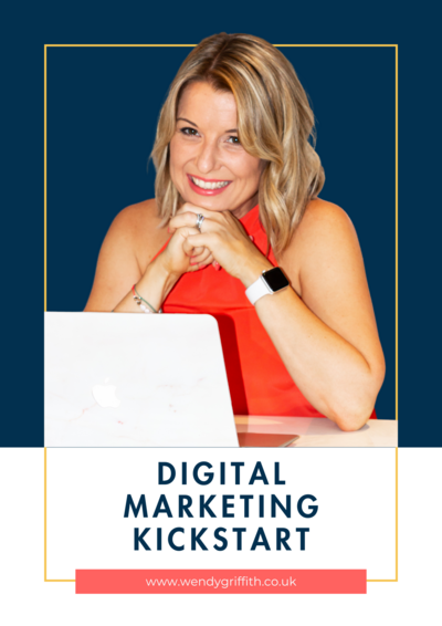 Cover image of “Digital Marketing Kickstart” by Wendy Griffith. Wendy sits smiling at her laptop in a red top, with bold text promoting her guide to starting and growing an online business.