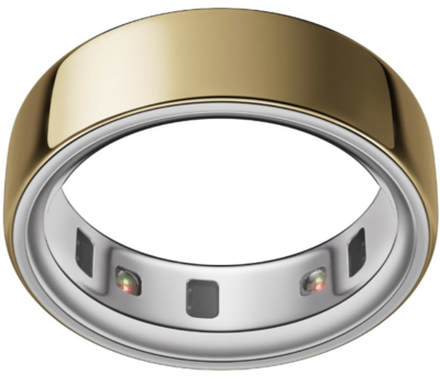 A sleek gold Oura Ring with a silver interior and embedded sensors. This smart ring tracks sleep, activity, and recovery metrics, blending wellness tech with modern jewelry design.
