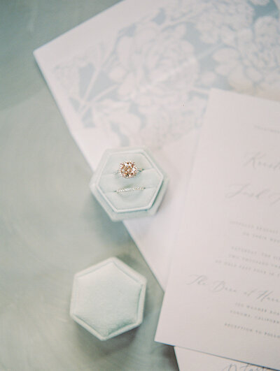 Wedding ring on a wedding invitation.