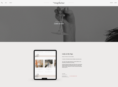 Mockup of links website for wedding photographer with hand toasting with champagne and an ipad mockup for freebie