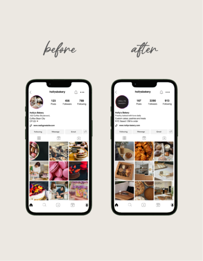 A side-by-side comparison of Holly’s Bakery’s Instagram feed before and after working with a professional social media manager. The improved feed showcases a cohesive brand aesthetic, engaging visuals, and strategic content that enhances the bakery’s online presence and customer engagement.