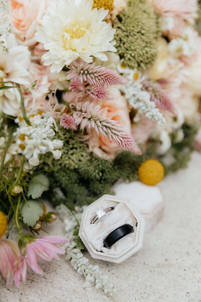 Elegant flat lay of wedding rings and pastel bouquet, romantic Michigan wedding details for sentimental and design-loving couples