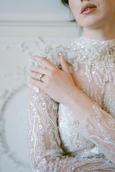 Bride with wedding ring, lace dress, couture gown, Italy wedding photographer, Renee Lemaire Photo