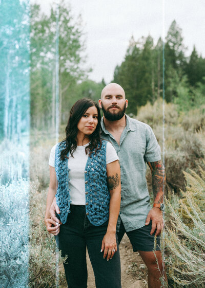 couple during engagement golden hour portrait session at Stanley, Idaho wedding - photographed by The Storytellers