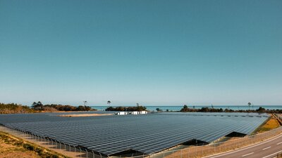 Expansive commercial solar panel array near the coastline, designed for large-scale energy production
