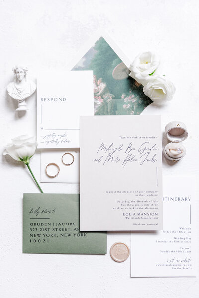 flat lay of wedding stationery