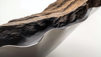 Close-up of the edge detail on an elegant stainless steel bowl contrasted against weathered volcanic rock. The polished metal’s sleek design and the rugged stone’s texture are highlighted against a white background, symbolizing the fusion of sophistication and natural elements for luxury branding and high-end design inspiration.