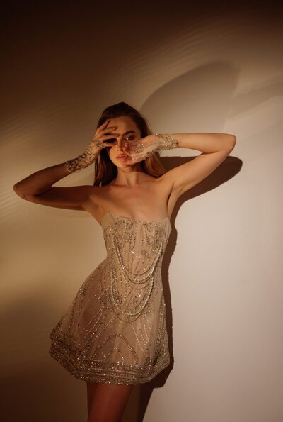 The Margot Studios Charlotte mini wedding dress stocked at Sundays Bride, London UK.