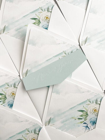 Couple's name imprinted on pocket of invitation