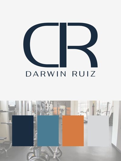Alternate monogram logo featuring a mirrored “D” design with “Darwin Ruiz” underneath, displayed above the brand’s four core color swatches—Performance Navy, Recovery Blue, Mobility Copper, and Stability Gray—set against a blurred gym backdrop.
