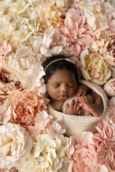 Baby sleeping on a bed of pink and cream flowers. Baby curled up in white wrap and delicate headband.