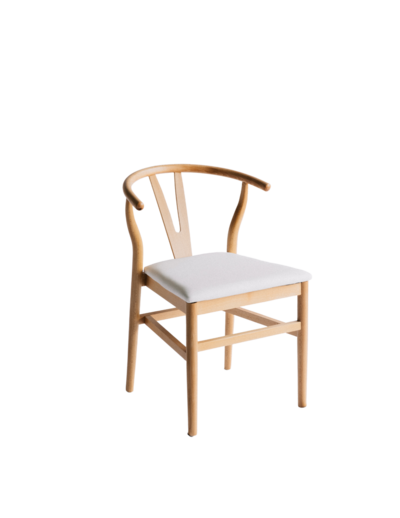 A light wooden chair with open, swopping back and ivory cushion.