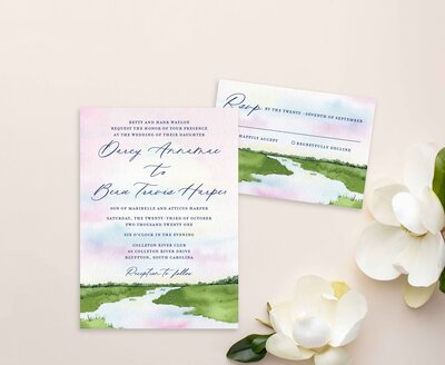 watercolor low country landscape  wedding invitations