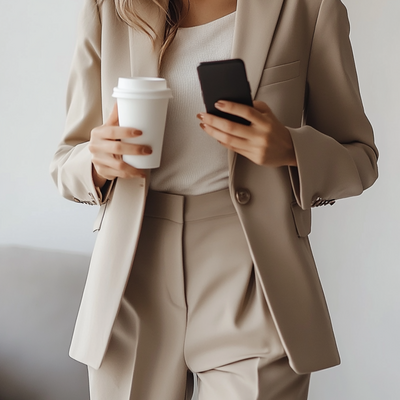 Nahaufnahme einer stilvoll gekleideten Frau im beigefarbenen Business-Outfit, die einen Kaffeebecher und ein Smartphone in der Hand hält. Symbolisiert Digitalisierung und Effizienz im Online-Business.