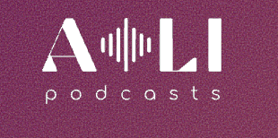 Logo for ALI Podcasts on a deep magenta background. The text “ALI” is in bold white letters with a vertical soundwave icon replacing the “I,” and the word “podcasts” is written in lowercase, spaced-out letters beneath it.