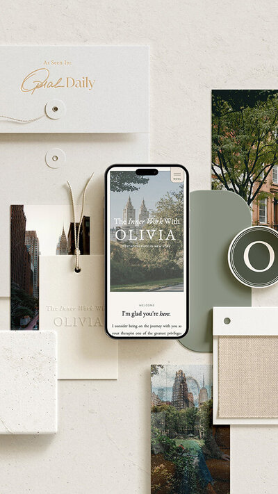 Therapist showit website design on a mobile phone laying on top of moodboard consisting of NYC photos.