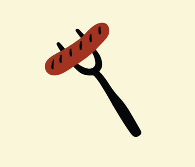 Illustration of a black fork holding a grilled brown sausage, reminiscent of outdoor barbecues at the Suwannee River Rendezvous camping site in Mayo, Florida, set against a light beige background.