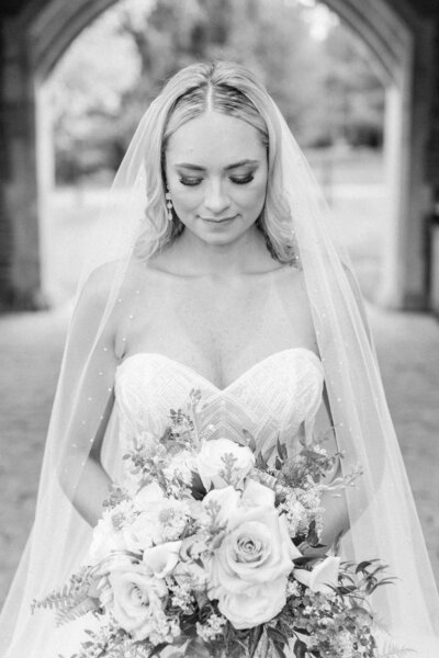 black and white bridal portrait cathedral veil