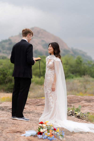 couple in wedding chapel sharing a quiet moment