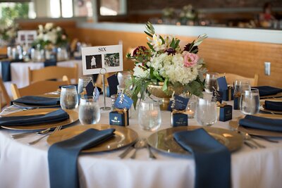 Blue and gold themed reception table