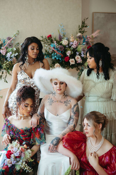 Bridal party with coordinated, classic hairstyles — elegant updos and soft curls styled by Klover Beauty for a Maryland wedding.