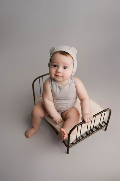 KY baby photo session gray bear outfit. 