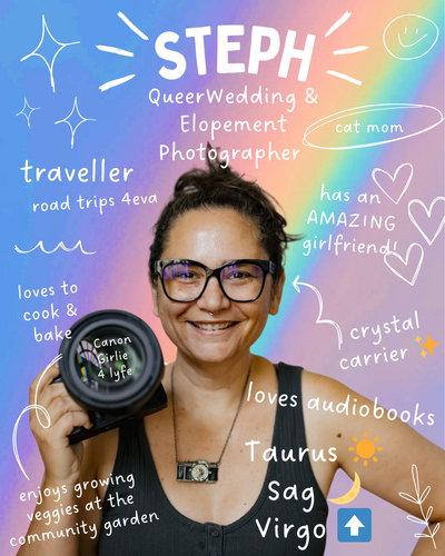 Portrait of Steph Tiny House Photo  holding a camera and smiling at the camera.
