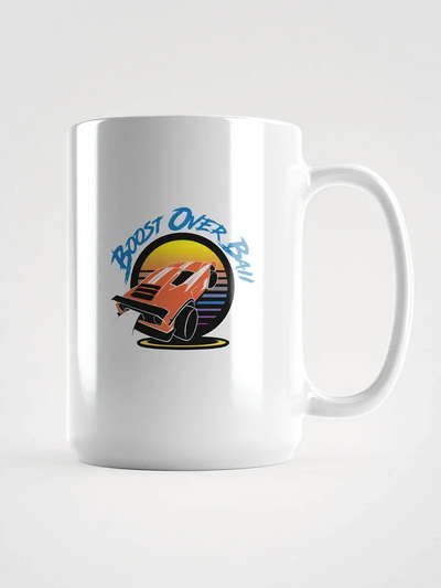 White and Black Coffee mug branded for the Boost Over Ball Rocket League Podcast