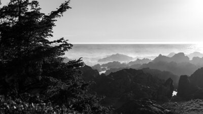 Black and whtie image of mountains with water in the background