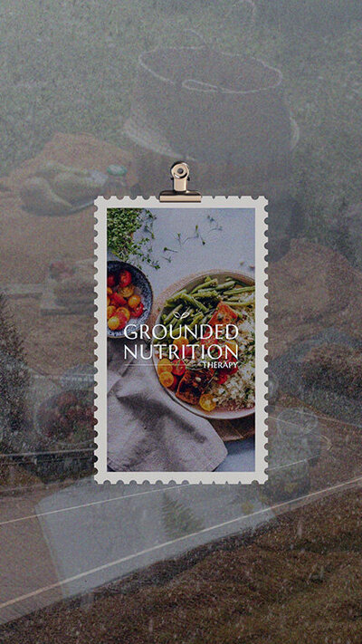 Branding and logo kit for a dietitian shown on a stamp design.